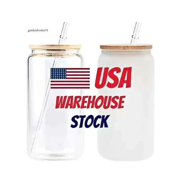 US Ca Stock Stock 16oz Sublimation cola lata jarra de vidro fosco transparente com tampa de bambu na boca larga copo de cerveja festival festival de vinho Tumbllers 0518 4.23 0516