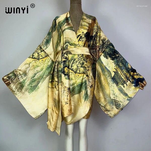 Afrika Kimono Chinesischer Ölmalerei Print Boho Kaftan für Frau Vertuschung eleganter Strickjacken sexy Strand Badeanzug Abendkleid