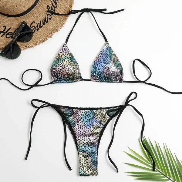 Bilanci di pesce Shiny Halter Triangle Bikini Set da bagno Women Micro Thong Survesuit Suit Suit Biquinis Mujer Swim 240508