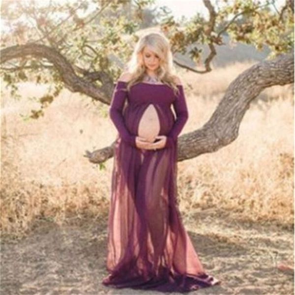 Offschulter-schulterbebende heiße schwangere Frauen geteilte Mop Mutterschaftskleiderstudio Foto Mode Mutter