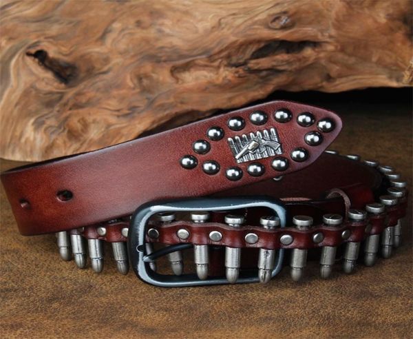 Cetiri Punk Bullet Bullet Belt Men039s Top Grain Real Leather Bent Pin
