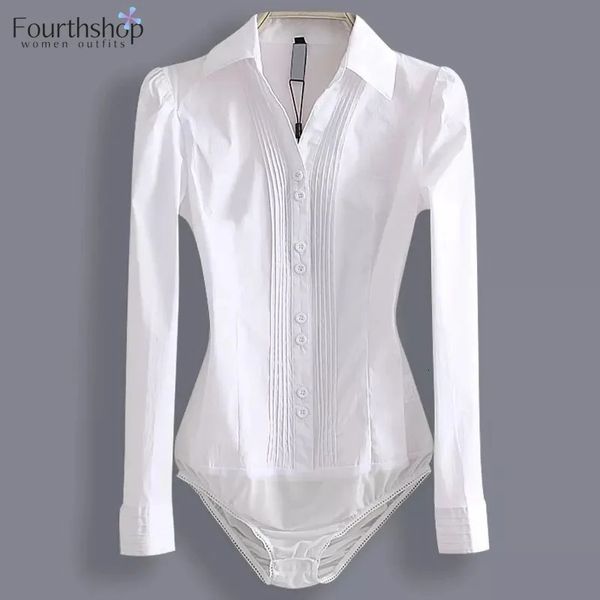 2024 Moda Bodysuit de manga longa Mulheres Camisa corporal Escritório Lady Work Uniformes Spring Bloups White and Tops Roupos Slim Autumn Roupos 240514