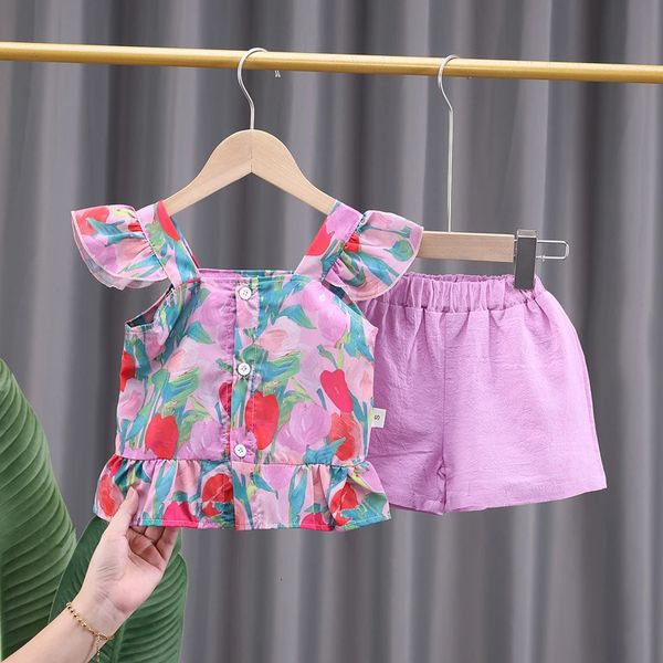 Baby Girls Summer Ruffle ärmellose Tops Blumen -Shorts zweiteilige Outfit Set 240516