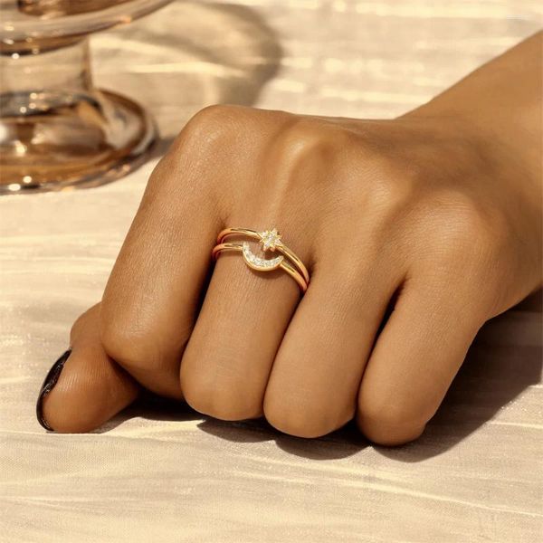 Clusterringe Boako 925 Sterling Silber Sternmond -Form Double Layer Micro Set Zirkon Ring Sommerperl CZ Finger für Frauen Anelli