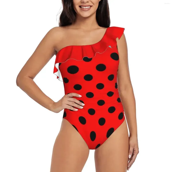Damenbadebekleidung Rot und Schwarze Tupfen |Muster Halloween Outfit One Schulter Rüste Badeanzug Stück Druck Frauen Badeanzug