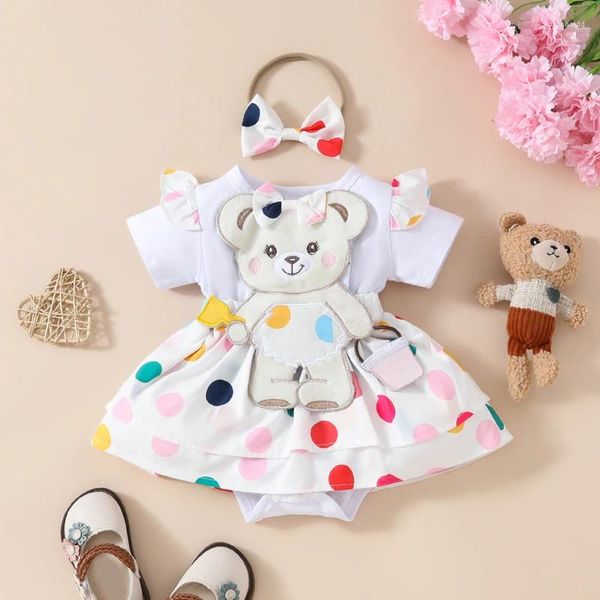 Roupas conjuntos de roupas criança bebê menina 2pcs Conjunto de mangas curtas roupas de algodão traje urso patch dot impressão vestido de brincadeira vestido 3d box fogão de verão roupas de verão