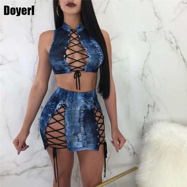 Vestidos de trabalho Sexy Lace Up Up Sets Sets Women Bodycon Summer Summer Sleesess Hollow Out Jeans Crop Top e Skirt Set Party Club Roup