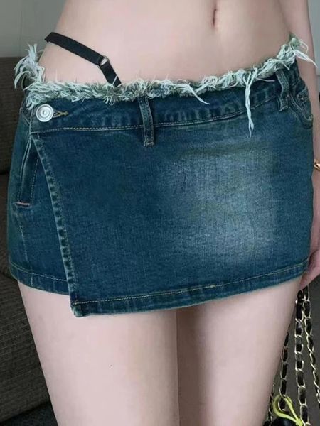Летние девочки с высокой талией американские обертывание ягодицы джинсовая короткие юбки Spicy Girl Vintage с низкой талией сексуальное синее асимметричное платье 240516