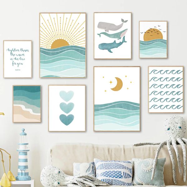 Whale Seagull Sun Moon Ocean Beach Waves Cita Nursery Wall Art Canvas Punti di pittura e stampe Immagini da parete Decorriere per bambini