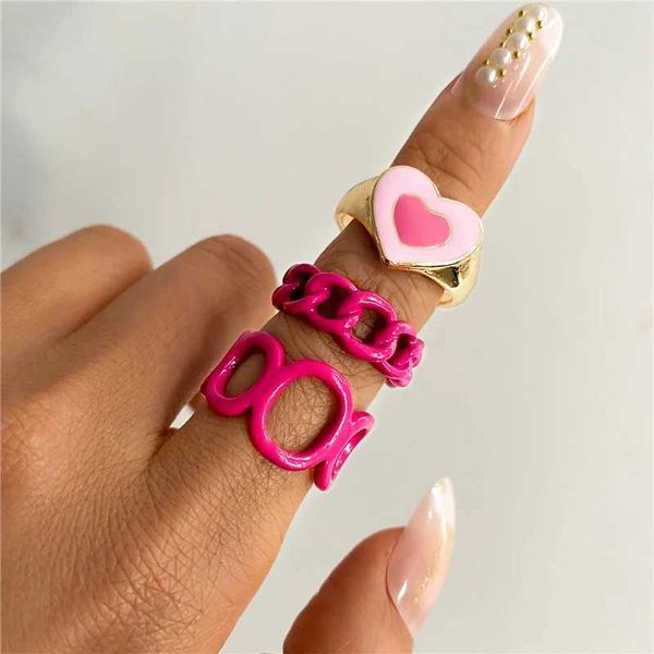 Anéis de banda Moda Moda em forma de coração Conjunto de anel para mulheres Hollow Geométrico Cruz Cross Finger Ring Creative Cute Rosa Verde Aberto Caso Aberto Novo J240516