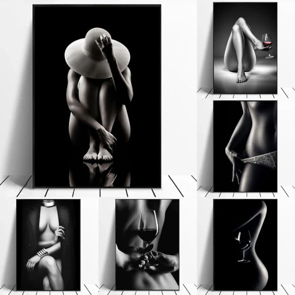 Modern Black and White Nude Art Poster Impressão sexy Garota de vidro de vidro de vidro Arte da parede Fotos