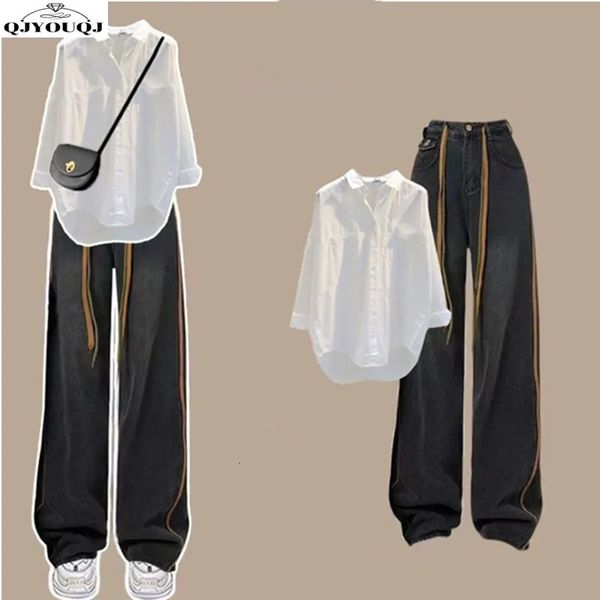 Coreano Academy Style Springsummer Configurar camisa branca jeans reta de perna reta duas peças para mulheres 240516