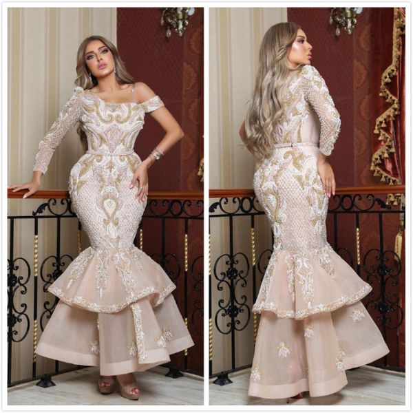 Aso ebi árabe luxuoso sereia vestidos de noite de renda com mangas compridas vestidos de baile de festas do tornozelo vestidos de concurso de festas ZJ493 3185
