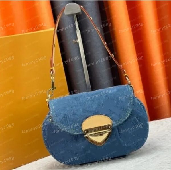 M46829 Denim Sunsetshoulder-Taschen Explosion Explosion Damen Sunsetm46829 Blue Front Lock House's Tuck Lock Cross-Body Cowhide Lederverkleidung in flacher Tasche Flachtasche