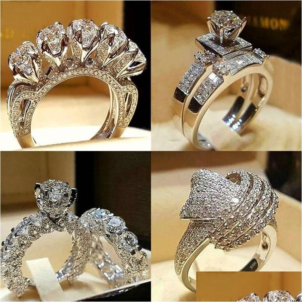Band Rings Luxury Male feminino Crystal Zircon Stone Ring Vintage 925 Sier Set Promise Engagement para homens e mulheres Drop Deliver