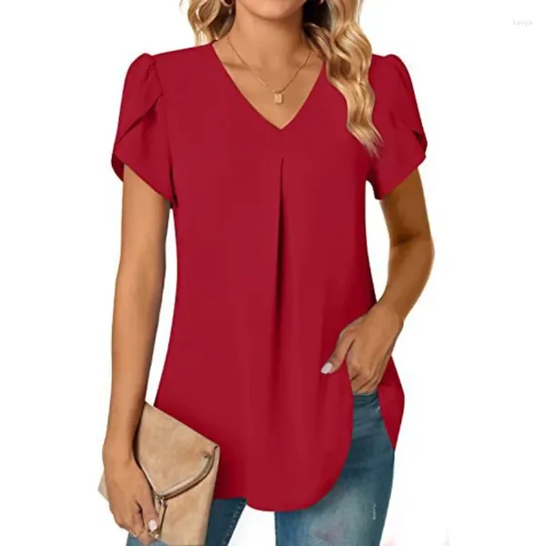 Polos femminile 2024 Summer Simple Ladies Shirt per maniche per petalo a V-Neck Women Polo Tops Regulai Fit Shirts