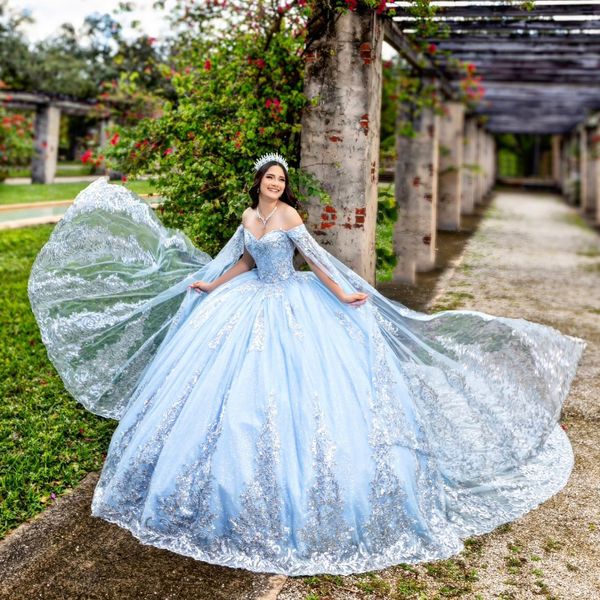 Sky Blue Glitter Quinceanera Dress Play Ball Plant с накидным кружевным аппликацией бисера Tull Corset Sweet 16 vestido de 15 Anos