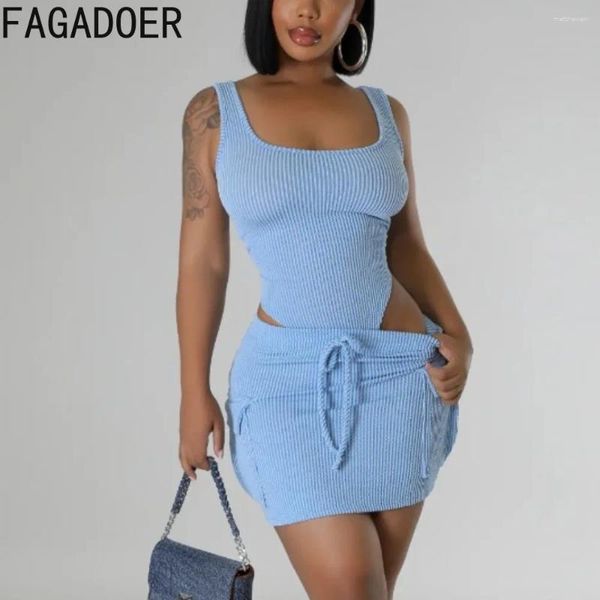 Arbeitskleider Fagadoer Sommer Solid Ribber Zwei -Stück -Sets Frauen ärmellose Bodycon Top Taschen Fracht Minirock Outfits Modes Streetwear