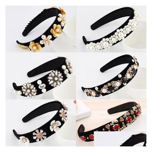 Clip per capelli Barrettes European e American Vintage in stile Vintage Basco a testa barocco Rhinestone Hoop con foglie d'oro perlati a goccia all'ingrosso Otwaa