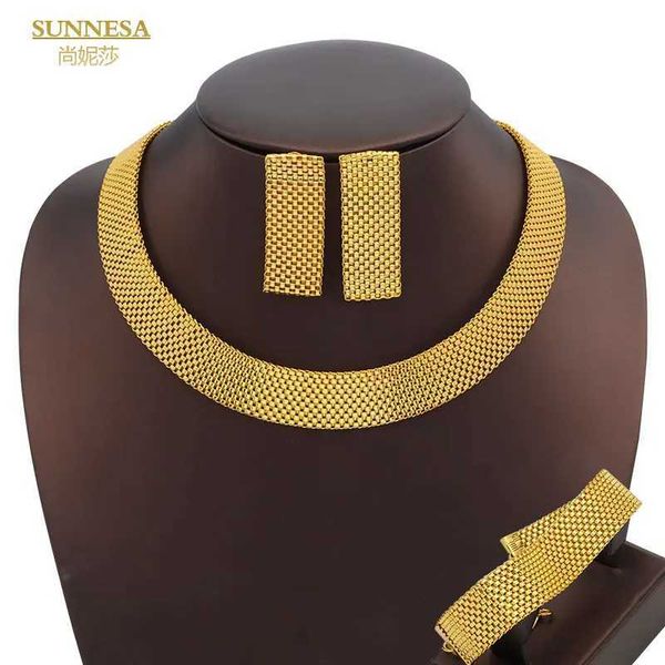 Свадебные ювелирные украшения наборы Sunnesa Женские короткие и жирные ожерелье набор браслета Dubai Gold, африканская мода -панк -вечеринка невеста невеста