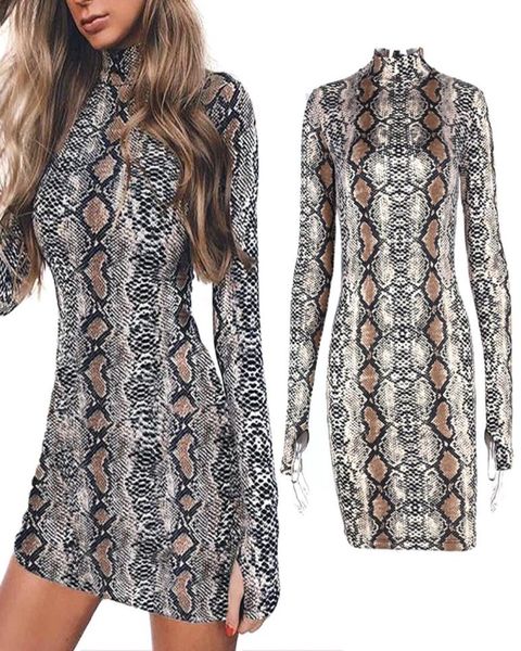 2018 Spring Snake Skin Long Dress Ladies Sexy Turtle Neck Bodycon Party Mini Drs с коротким рукавом женская одежда RF08989266491