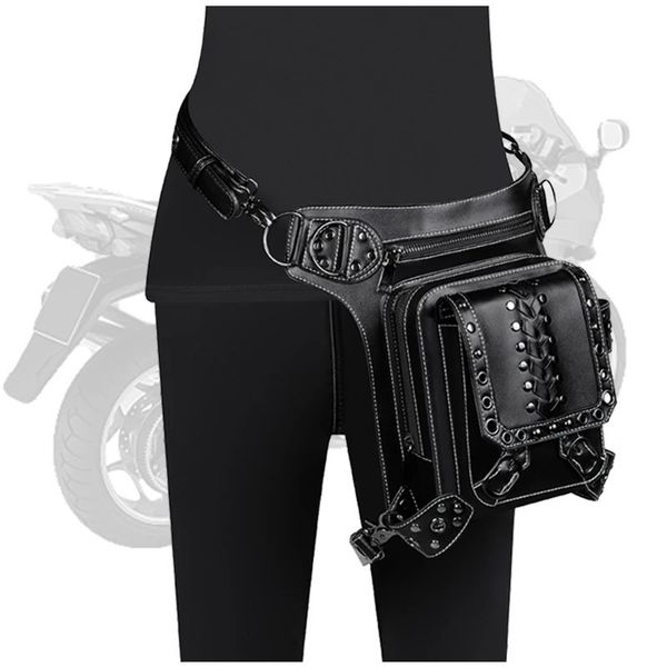 Женщина -талия сумки готика фанни упаковывает мотоцикл бедер сумки для ног в стиле стимпанк черный плеч