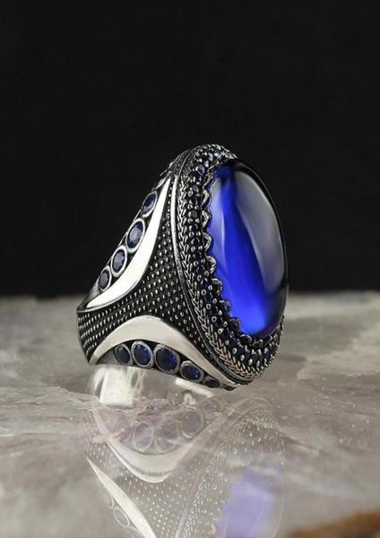 Anéis de casamento Retro Handmade Turkish Siget For Men Women Ancient Silver Color Escrited Ring Inclaid Blue Zircon Punk Motor Biker3926589