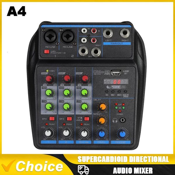 Profissional 4 canais Mixer de áudio Mini Sound Mixing Console Bluetooth 48V Fonte de alimentação para Music DJ Recording Karaoke System 240516