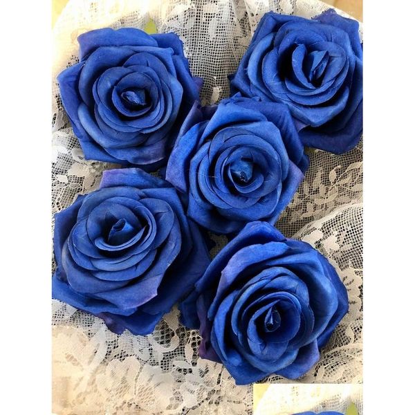 Flores decorativas grinaldas 10pcs azul royal rosa rosa de cabeça atacado Flor falsa de seda para casamento Bouquet Home Decoração Drop Dheat