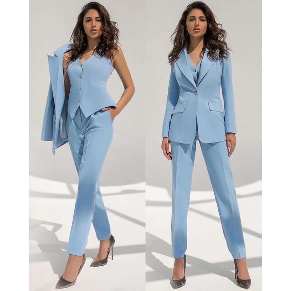 Tesco Herumn 3 PCs Frauen Pantesets Blazer Jacke +Hosen +Weste Anzug Blaues elegantes Outfit für Bürodame weibliche Hosenanzug