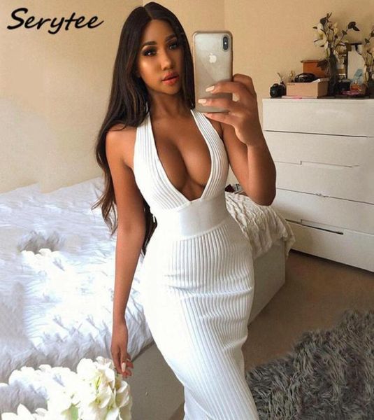 Serytee Sexy Deep v Nacken Rückenless Rippen Strickkörper Lange Kleid Frauen 2022 ärmellose Hochtaille Nachtclub Party Maxi Kleider Wo1686804