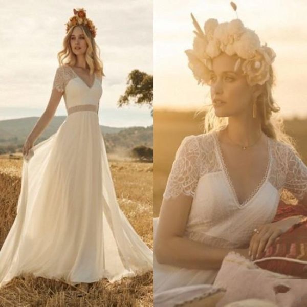 Rembo Styling 2020 Abito da sposa bohémien vintage in pizzo Vintage Appliqued V Neck Country Beach Boho Bridal Gowns 288u