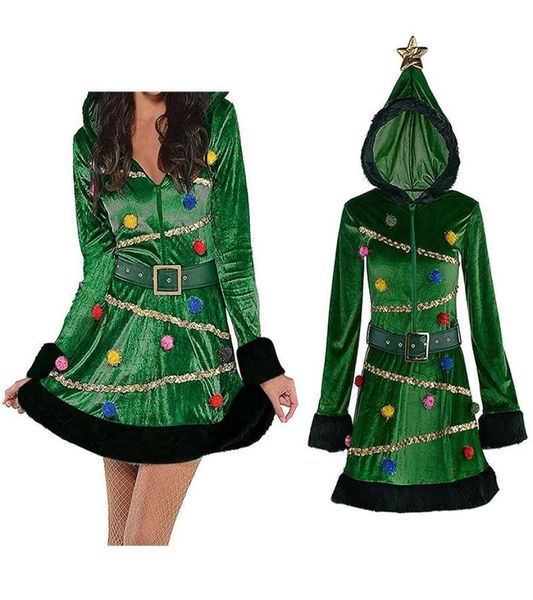 Lässige Kleider Frauen Weihnachtsbaumkleid Erwachsene Kapuze Tanzkostüm mit Gürtel pompom1242201