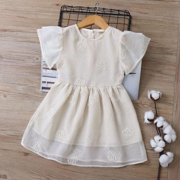 Mädchenkleider kleine Blume Stickerei Organza Mädchen Kurzarm Kleid Kinder Prinzessin Kleidung2024 Sommer Kinderkleidung