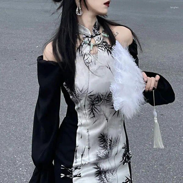 Abbigliamento etnico 2024 Black Bamboo Qipao Sexy Off spalla Cheongsams Donne migliorate abiti cinesi Vestitidos Abiti scuri gotici