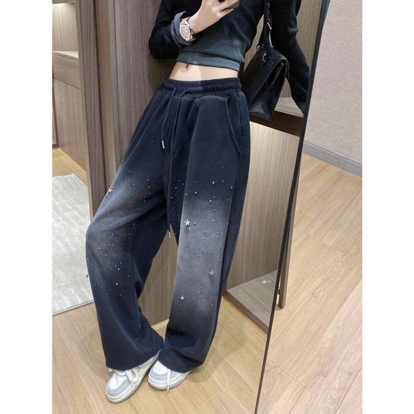 Frauen -Leggings Trendy Brandneue schwere Industrie Heiße Diamantwasser -Schleifstar gerade Rohrhosen für Mode vielseitige Gefälle hohe Taille Freizeit Frauen