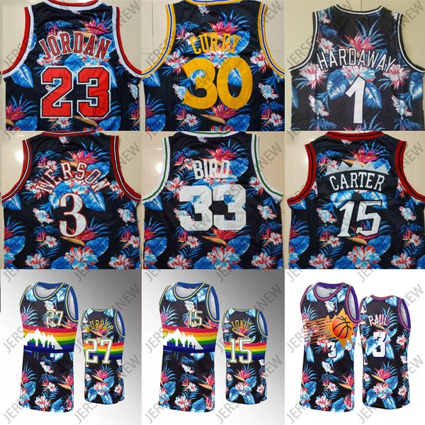 Классика с цветочной модой 15 Jokic 27 Murray 3 Iverson 30 Curry 1 Hardaway 33 Bird 3 Paul 15 Carter Basketball Jerseys XS-4XL Мужчины Женщины молодежи