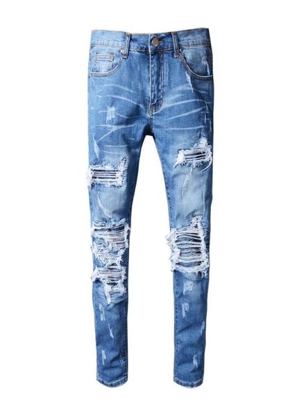 Wholemens Art Patch Skinny Strail Slim Elastic Denim Fit Biker Jeans Jans