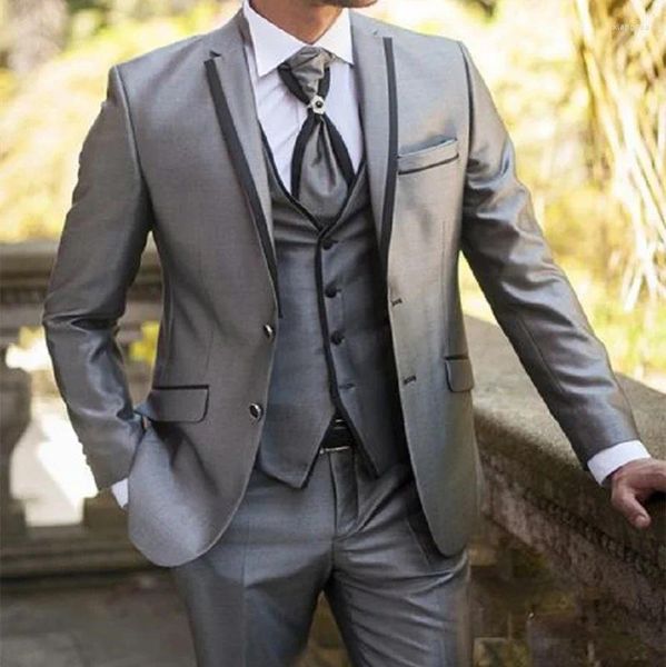 Мужские костюмы новейшие дизайны брюки мужской свадьба Серебряный сияющий материал 3 штуки для смокинга