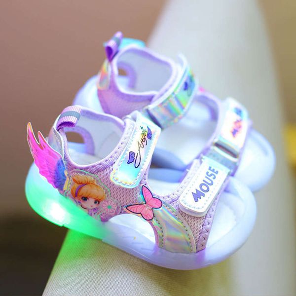 Luzes led sandálias infantis verão anti kick meninos praia praia luminous sapatos princesas sons respiráveis para passear com garoto de criança L2405