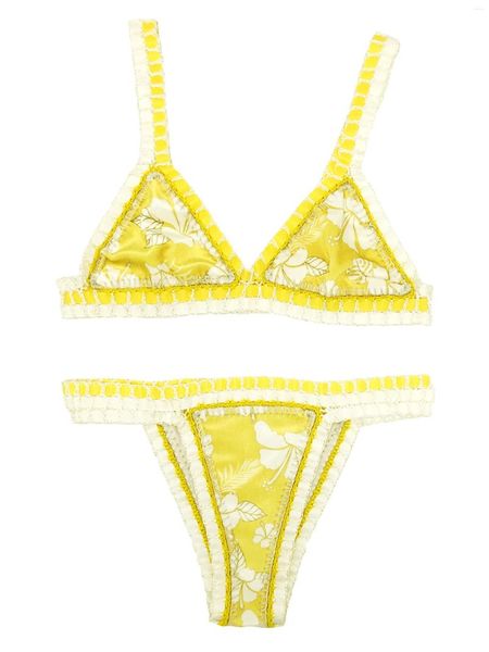 Donne da bagno femminile Donne giallo in velluto bikini sexy ata all'uncinetto micro bikini set triangolo bagno costume da bagno floreale di lusso per kinii