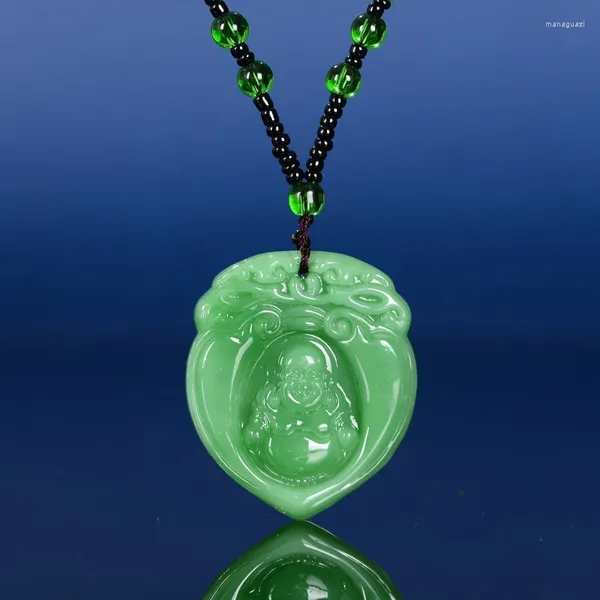 Dekorative Figuren ausgezeichnete glückliche Buddha Anhänger segne Gott Amulett Halskette Grün Jade Hängende Talisman