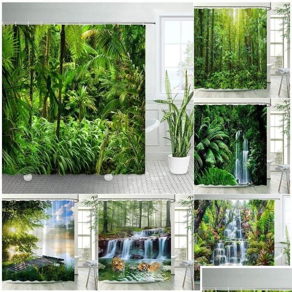 Tende per doccia verde tropicale giungla set di palme foresta mosca foglie natura decorazione del bagno scenario con goccia dhkon