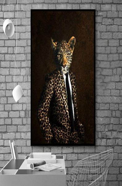 Leinwand Malerei Wandplakate und Drucke Tier Leopard mit Anzug HD Wandkunstbildern für Wohnzimmer Dining Restaurant El Home9002381