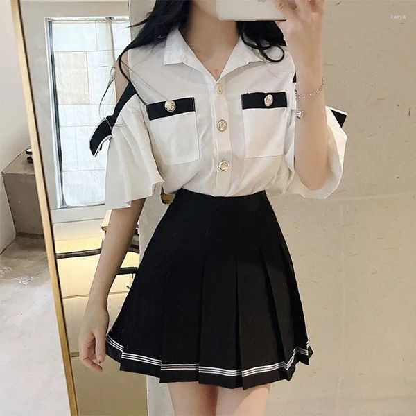 Vestidos de trabalho verão garota sexy menina de 2 pedaços de harajuku jk roupas fora da camisa branca de ombro, minisia preta de moda de saia preta 2pc uniforme