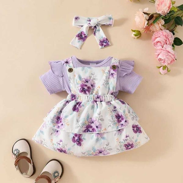 Kleidungssets Baby Girls Summer Outfits Rippen Fliegenhülsen Strampler 3-teilige Set mit Blumenmusterjacke und Stirnband J240518