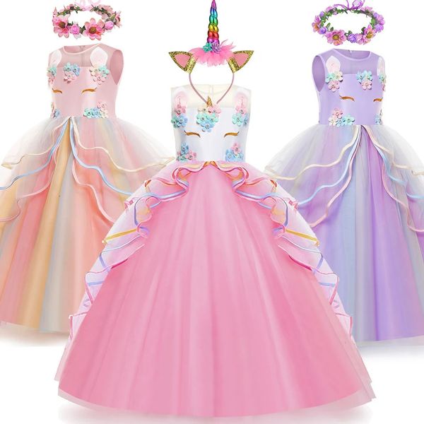 Cartoon Unicorn Dress Rainbow Print Appliques Frocks Festa de aniversário Tema Princesa fantasia sem mangas Fluffy Vestido elegante 240517