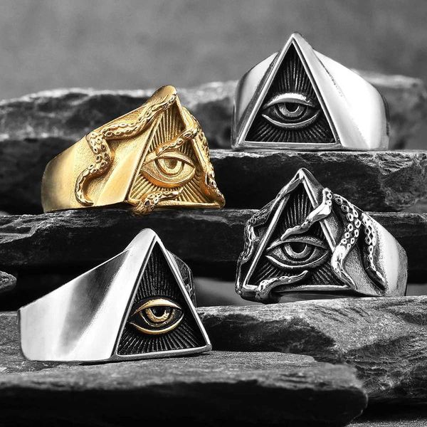 Ringas de banda maçom illuminati triângulo maçom aço inoxidável anéis de homens punk masculino bicicelas jóias presentes criativos de joias por atacado J240516