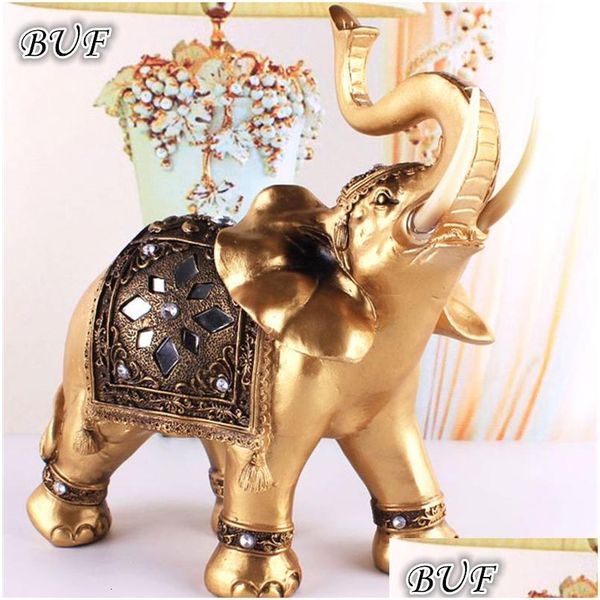 Dekorative Objekte Figuren Golden Harz Elefant Statue Feng Shui Eleganter Rumpf Scpture Luck