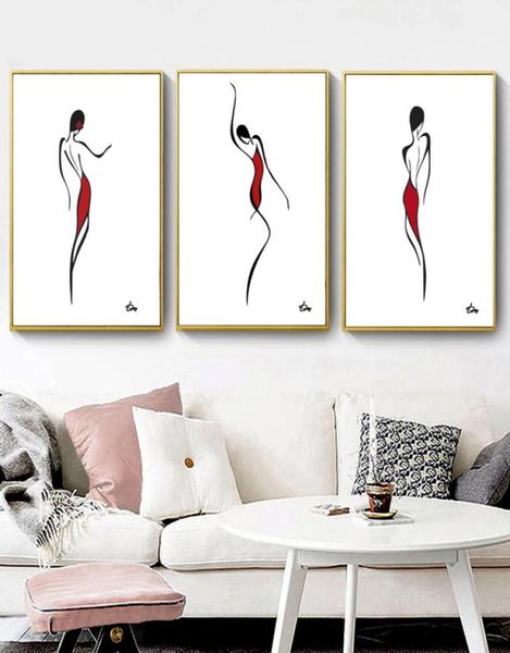 Modern Abstract Dancing Women Wall Art Canvas pintando Blackwhitered Line Desenho de arte Pintura de arte nórdica Minimalista Poster 3p3197403